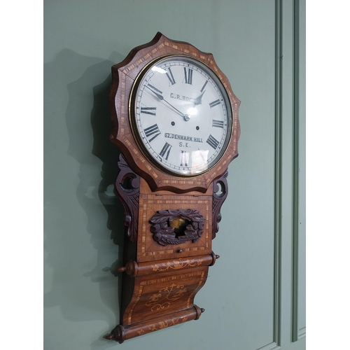 433 - Victorian rosewood and satinwood inlaid wall clock by G R Rogers with painted dial. {80 cm H x 40 cm... 