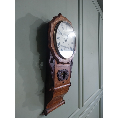 433 - Victorian rosewood and satinwood inlaid wall clock by G R Rogers with painted dial. {80 cm H x 40 cm... 