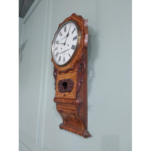 433 - Victorian rosewood and satinwood inlaid wall clock by G R Rogers with painted dial. {80 cm H x 40 cm... 