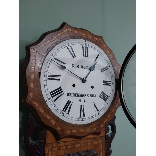 433 - Victorian rosewood and satinwood inlaid wall clock by G R Rogers with painted dial. {80 cm H x 40 cm... 