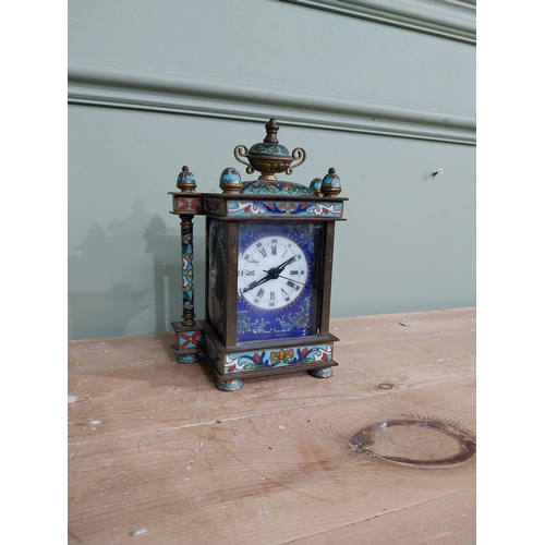 436 - French brass and cloisonne mantle clock. {20 cm H x 14 cm W x 9 cm D}.