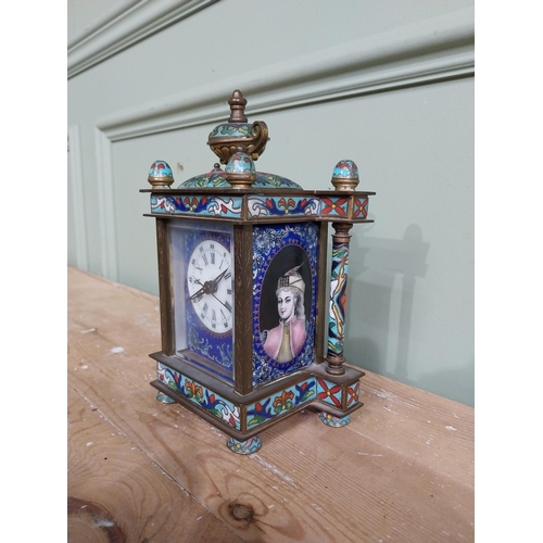 436 - French brass and cloisonne mantle clock. {20 cm H x 14 cm W x 9 cm D}.