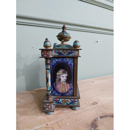 436 - French brass and cloisonne mantle clock. {20 cm H x 14 cm W x 9 cm D}.