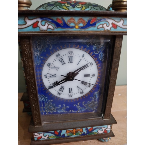 436 - French brass and cloisonne mantle clock. {20 cm H x 14 cm W x 9 cm D}.