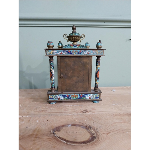 436 - French brass and cloisonne mantle clock. {20 cm H x 14 cm W x 9 cm D}.