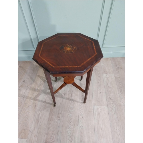 438 - Edwardian mahogany and satinwood inlaid table on square legs. {77 cm H x 65 cm Dia.}.