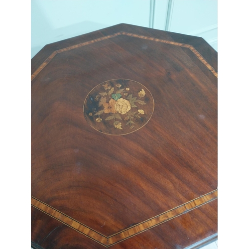 438 - Edwardian mahogany and satinwood inlaid table on square legs. {77 cm H x 65 cm Dia.}.