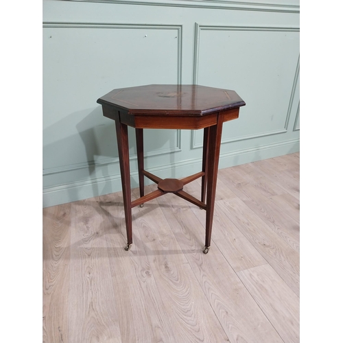 438 - Edwardian mahogany and satinwood inlaid table on square legs. {77 cm H x 65 cm Dia.}.