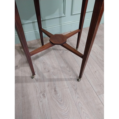 438 - Edwardian mahogany and satinwood inlaid table on square legs. {77 cm H x 65 cm Dia.}.