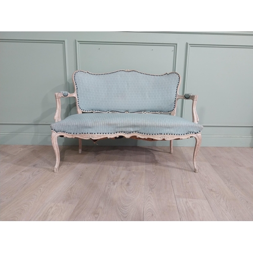 44 - Edwardian French washed pine and upholstered two seater sofa with cabriole legs. {78 cm H x 112 cm W... 