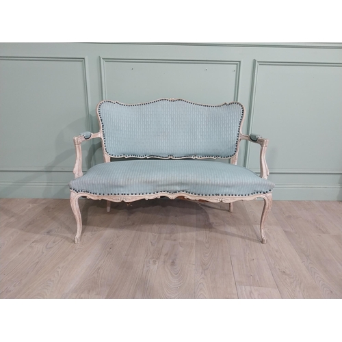 44 - Edwardian French washed pine and upholstered two seater sofa with cabriole legs. {78 cm H x 112 cm W... 