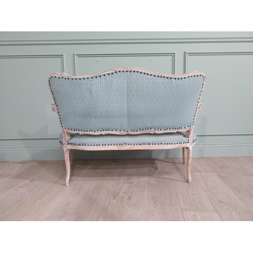 44 - Edwardian French washed pine and upholstered two seater sofa with cabriole legs. {78 cm H x 112 cm W... 