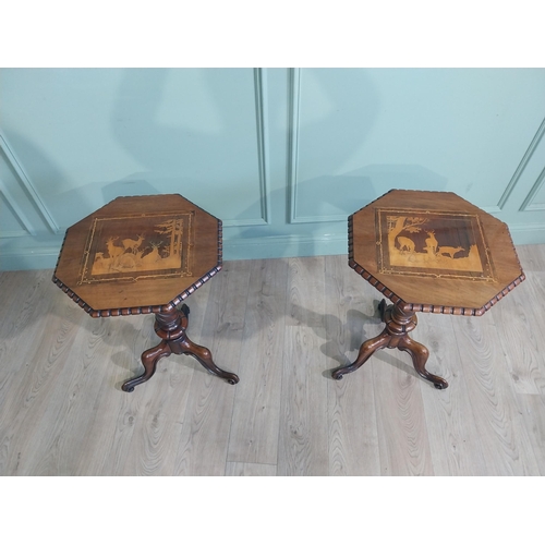 444 - Rare pair of 19th C. Walnut lamp tables with octagonal tops with inlaid Woodland and Deer scenes rai... 