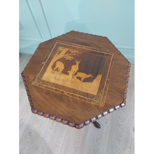 444 - Rare pair of 19th C. Walnut lamp tables with octagonal tops with inlaid Woodland and Deer scenes rai... 