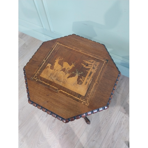 444 - Rare pair of 19th C. Walnut lamp tables with octagonal tops with inlaid Woodland and Deer scenes rai... 