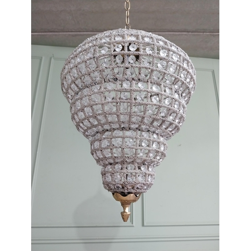 448 - French brass and cut crystal tear drop chandelier. {76 cm H x 36 cm Dia.}.