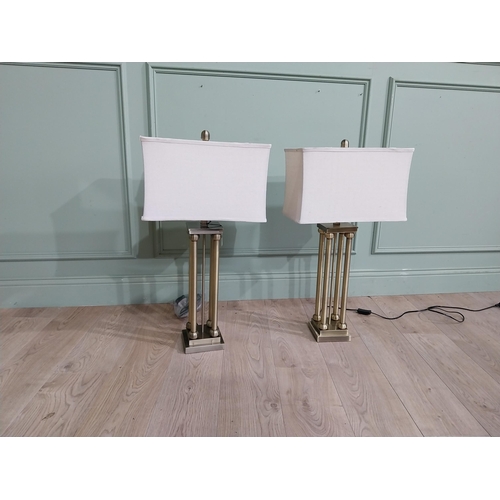 45 - Pair of good quality brushed brass table lamps with cloth shades. {81 cm H x 40 cm W x 23 cm D}.