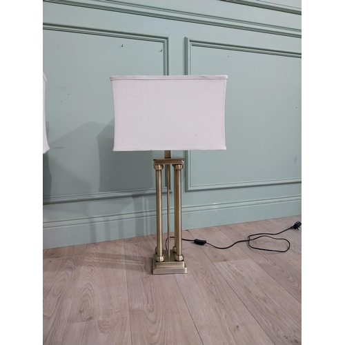 45 - Pair of good quality brushed brass table lamps with cloth shades. {81 cm H x 40 cm W x 23 cm D}.