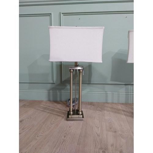 45 - Pair of good quality brushed brass table lamps with cloth shades. {81 cm H x 40 cm W x 23 cm D}.