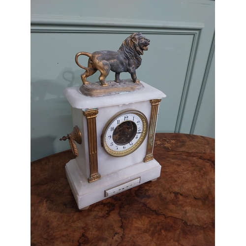 456 - 19th C French onyx mantle clock with gilded spelter mounts. {40 cm H x 23 cm W x 12 cm D}.