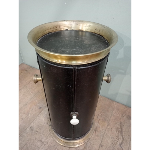 458 - Metal and brass plate warmer. {H 76cm x Dia 38cm}.  NOT AVAILABLE TO VIEW IN PERSON.