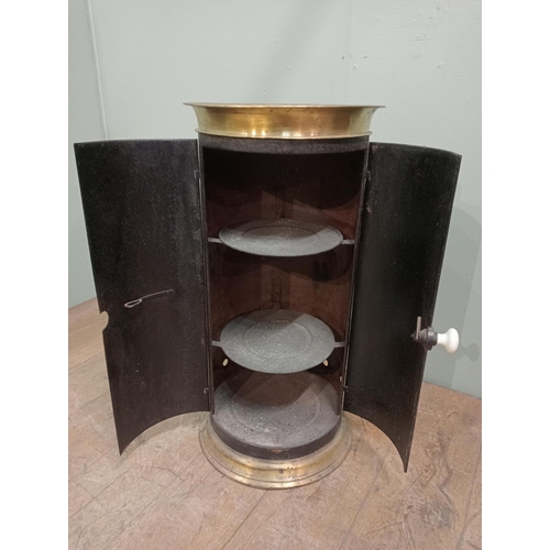 458 - Metal and brass plate warmer. {H 76cm x Dia 38cm}.  NOT AVAILABLE TO VIEW IN PERSON.