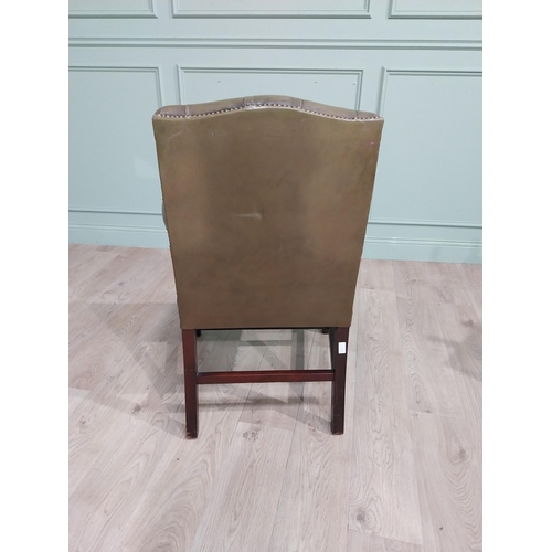 463 - Mahogany and leather upholstered Gainsborough armchair on square legs. {98 cm H x 66 cm W x 63 cm D}... 