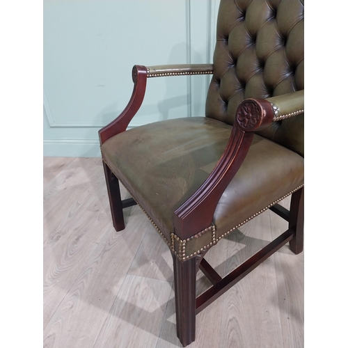 463 - Mahogany and leather upholstered Gainsborough armchair on square legs. {98 cm H x 66 cm W x 63 cm D}... 