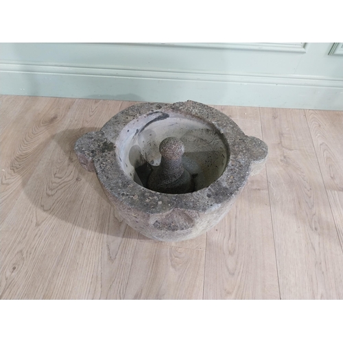 466 - Early 19th C. Limestone Mortar and pestle. {26 cm h x 44 cm W x 47 cm D}.