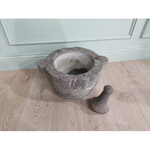 466 - Early 19th C. Limestone Mortar and pestle. {26 cm h x 44 cm W x 47 cm D}.