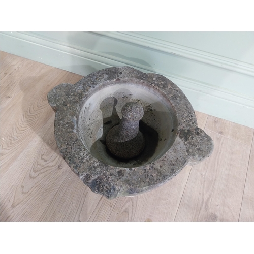 466 - Early 19th C. Limestone Mortar and pestle. {26 cm h x 44 cm W x 47 cm D}.