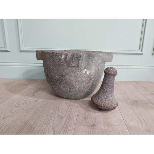 466 - Early 19th C. Limestone Mortar and pestle. {26 cm h x 44 cm W x 47 cm D}.