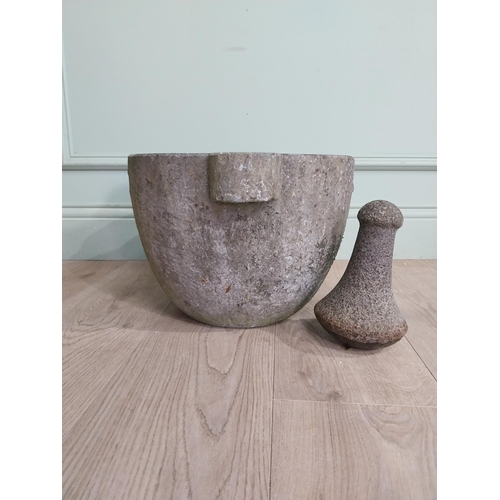 466 - Early 19th C. Limestone Mortar and pestle. {26 cm h x 44 cm W x 47 cm D}.