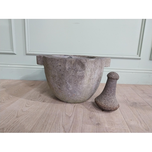 466 - Early 19th C. Limestone Mortar and pestle. {26 cm h x 44 cm W x 47 cm D}.