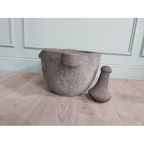 466 - Early 19th C. Limestone Mortar and pestle. {26 cm h x 44 cm W x 47 cm D}.