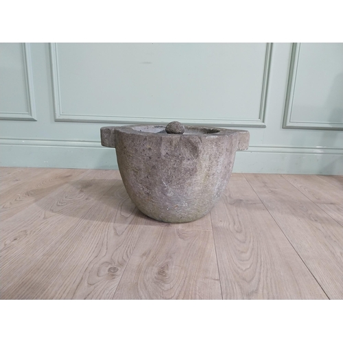 466 - Early 19th C. Limestone Mortar and pestle. {26 cm h x 44 cm W x 47 cm D}.