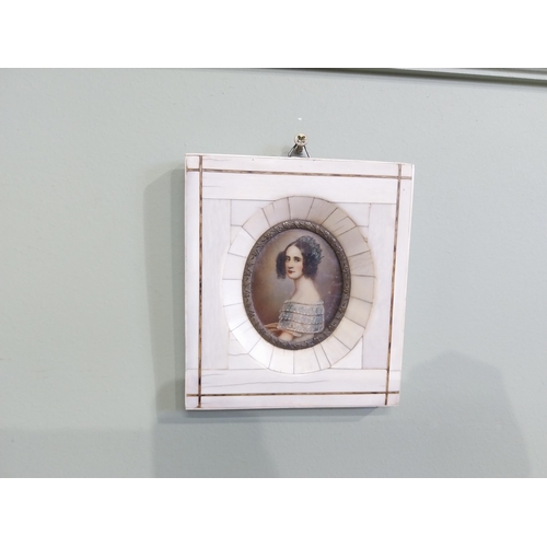 470 - Pair of miniatures mounted in bone and mother of pearl frames. {12 cm H x 11 cm W}.