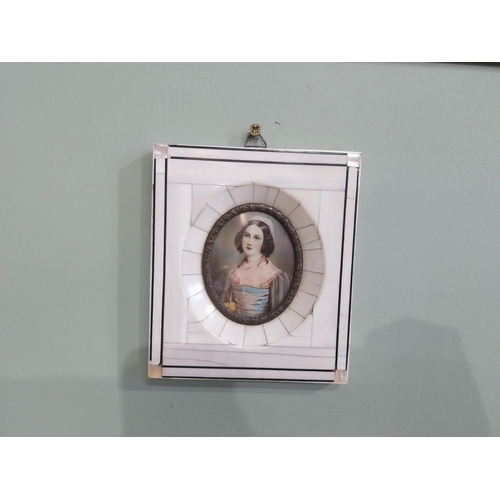 470 - Pair of miniatures mounted in bone and mother of pearl frames. {12 cm H x 11 cm W}.