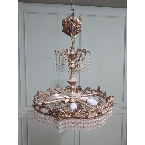 474 - 1950�s French brass and crystal drop chandelier. {70 cm H x 52 cm Dia.}.