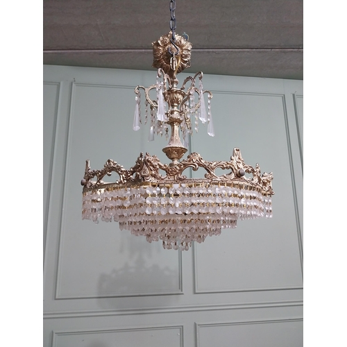 474 - 1950�s French brass and crystal drop chandelier. {70 cm H x 52 cm Dia.}.