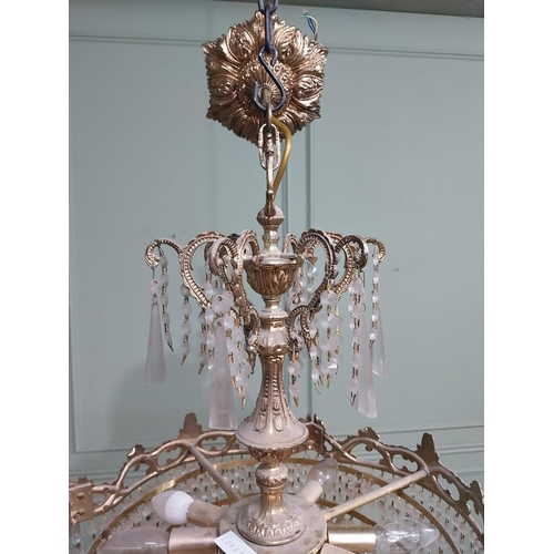 474 - 1950�s French brass and crystal drop chandelier. {70 cm H x 52 cm Dia.}.