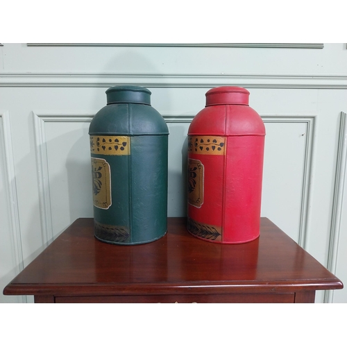 475 - Two oriental hand painted metal tea bins. {45 cm H x 22 cm Dia.}.