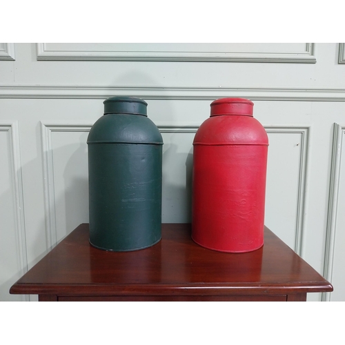 475 - Two oriental hand painted metal tea bins. {45 cm H x 22 cm Dia.}.