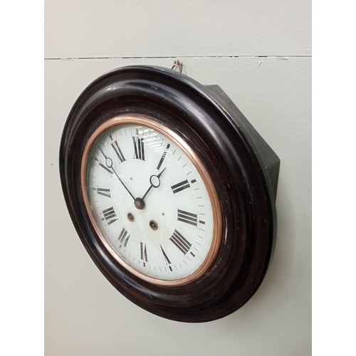 49 - Mahogany and brass circular wall clock {D 12cm x D18cm}. NOT AVAILABLE TO VIEW IN PERSON.