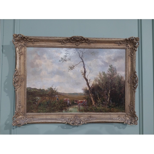 491 - 19th C. Oil on canvas Cattle Scene mounted in giltwood frame. {64 cm H x 92 cm W}.