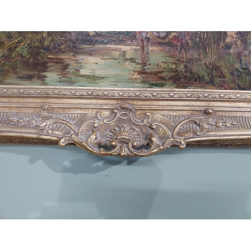 491 - 19th C. Oil on canvas Cattle Scene mounted in giltwood frame. {64 cm H x 92 cm W}.