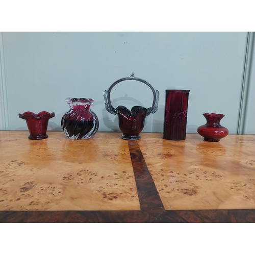 503 - Five pieces of ruby glass � basket and four vases. {22 cm H to 8 cm H}.