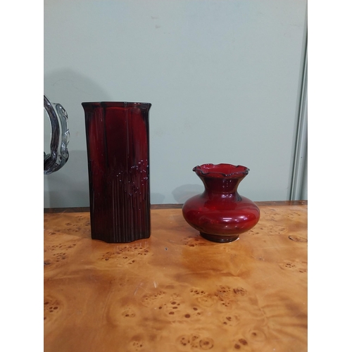 503 - Five pieces of ruby glass � basket and four vases. {22 cm H to 8 cm H}.