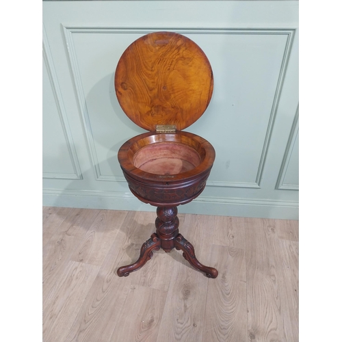 51 - Good quality Victorian burr walnut sewing table on single turned column and three outswept feet. {69... 