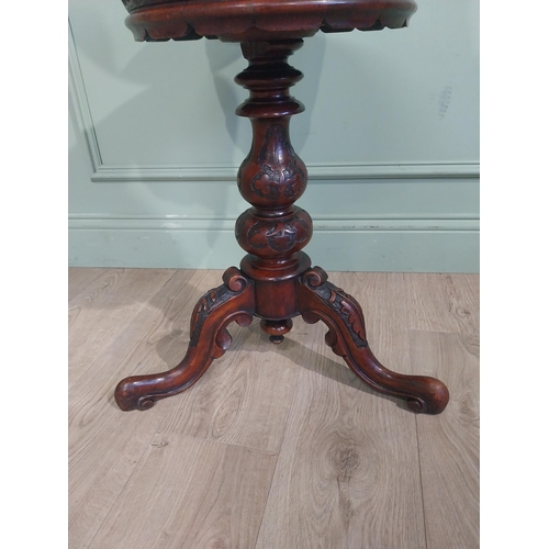 51 - Good quality Victorian burr walnut sewing table on single turned column and three outswept feet. {69... 